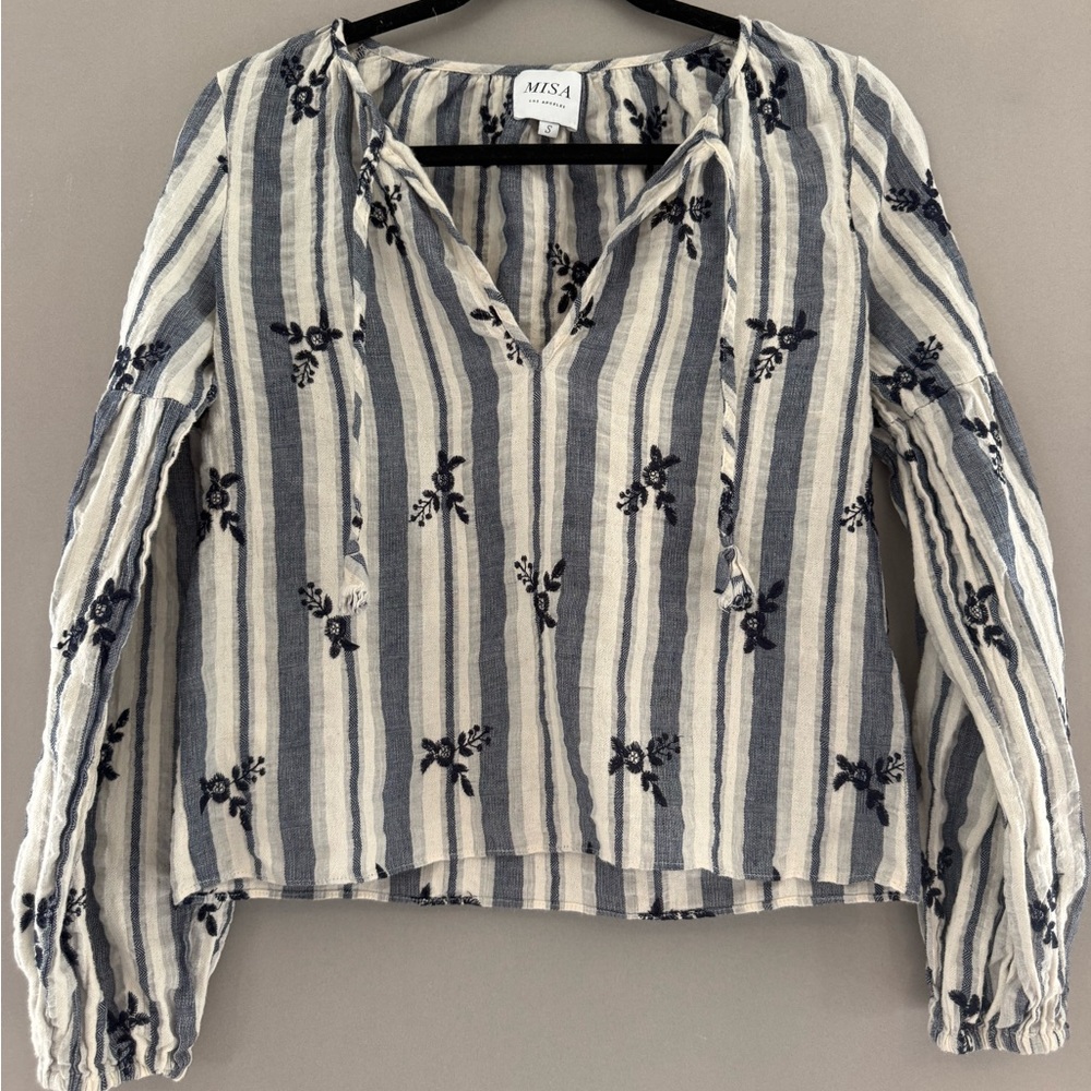 Misa Los Angeles Navy and Cream floral embroidered blouse